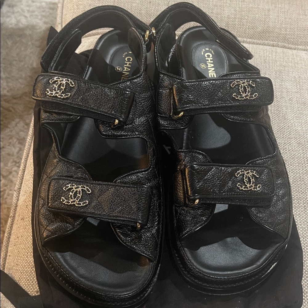 CHANEL Black Leather Double-Strap Logo Sandals